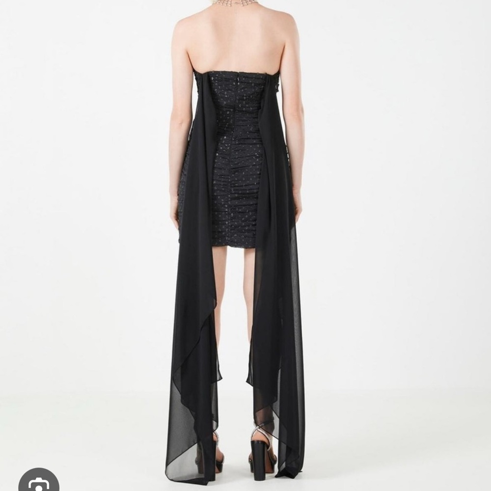 NWT BCBGMAXAZRIA sparkly polka dot black ruched mini dress with chiffon cape